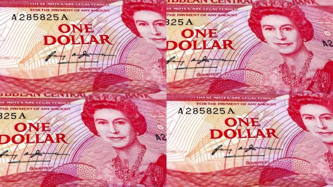 安提瓜和巴布达东加勒比元1纸币，一个安提瓜元，安提瓜元的特写和宏观视图，跟踪和多利镜头1安提瓜元纸币