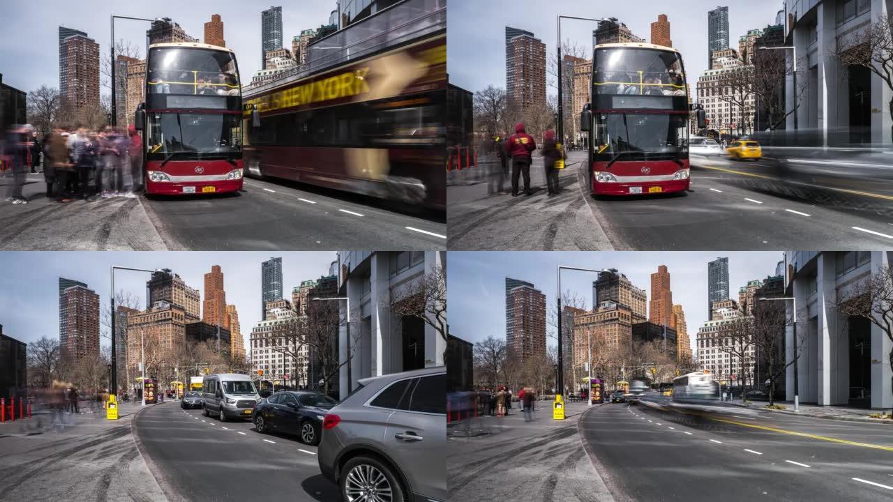 曼哈顿下城电池公园的日光延时交通和旅游巴士装载