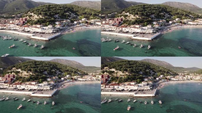 希腊帕尔加海滨长廊和海滨酒吧停放船只的鸟瞰图
