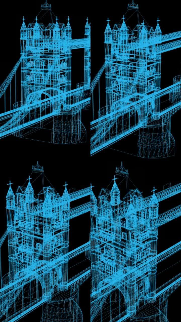 黑色背景上线框桥的垂直视频3D动画