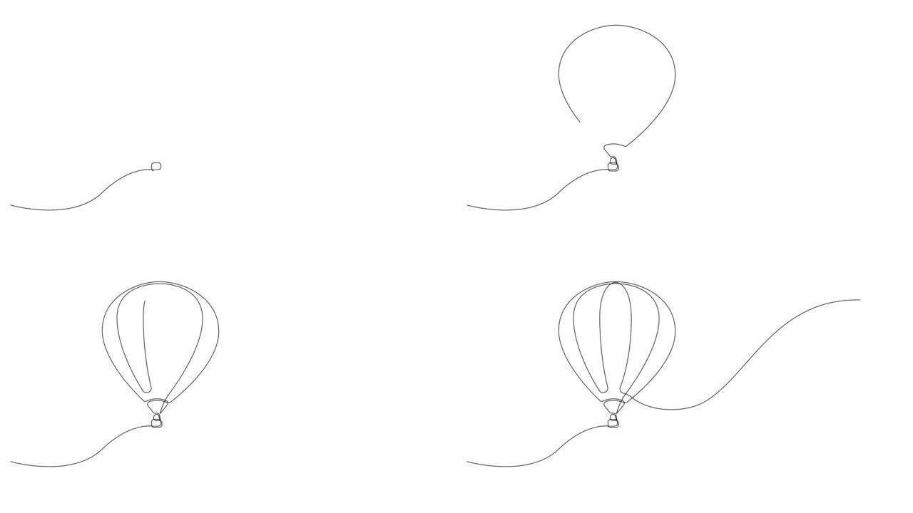 连续线热气球的自画动画。全长动画。