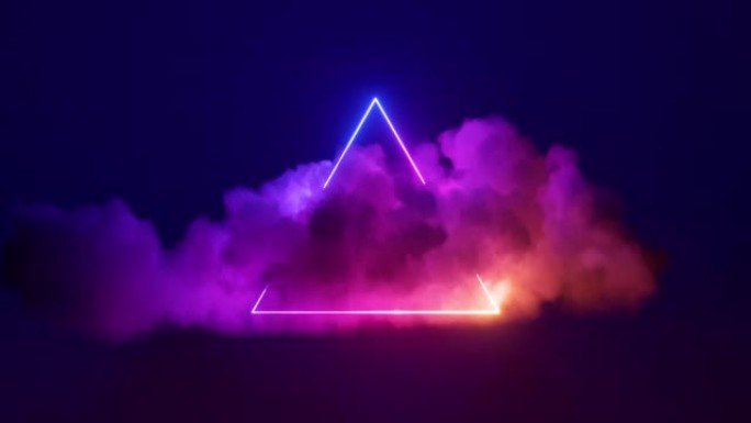 无尽的3d动画。极简霓虹灯背景，发光的三角形形状和旋转的云。夜雨天空中的三角光，抽象的雷声积云