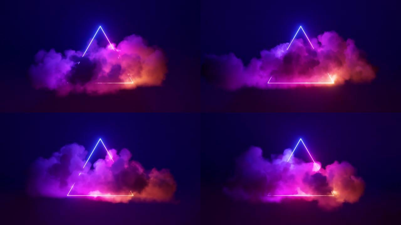 无尽的3d动画。极简霓虹灯背景，发光的三角形形状和旋转的云。夜雨天空中的三角光，抽象的雷声积云