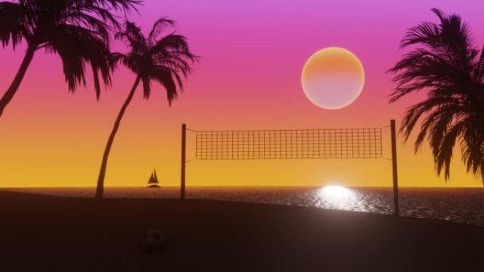 拥有热带棕榈树的海洋海滩，日落时的沙滩排球场。3d Synthwave风格化动画背景。无缝循环。