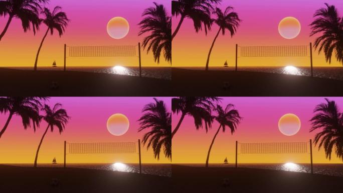 拥有热带棕榈树的海洋海滩，日落时的沙滩排球场。3d Synthwave风格化动画背景。无缝循环。