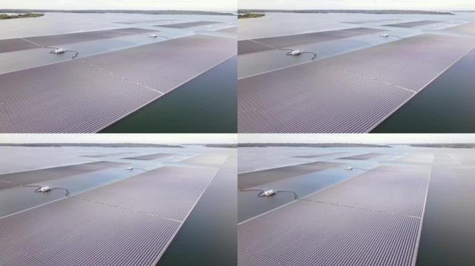 鸟瞰图浮动太阳能电池发电厂用太阳能电池在湖上发电