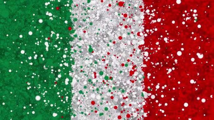 意大利国旗的彩色动画，逐渐从由许多彩色小颗粒组成的移动漩涡云中出现。这些粒子移动和旋转，形成了意大利