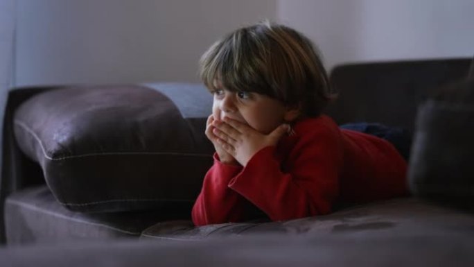 小孩躺在沙发上看动画片，一边吃饼干。坦率的小男孩在沙发上放松，在网上消费媒体
