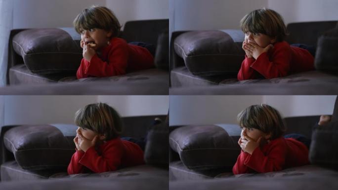 小孩躺在沙发上看动画片，一边吃饼干。坦率的小男孩在沙发上放松，在网上消费媒体