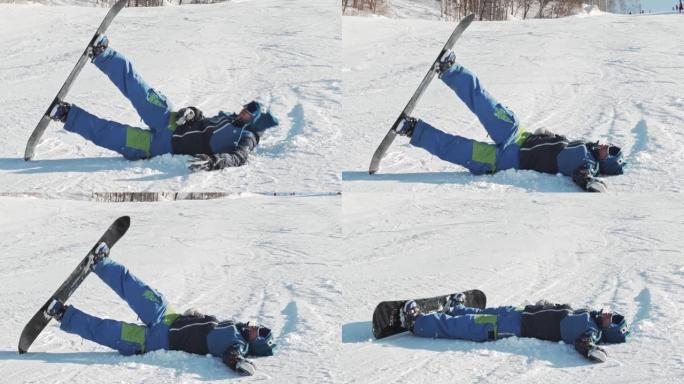一名滑雪者挥舞着他的手，躺在疲倦的雪地上