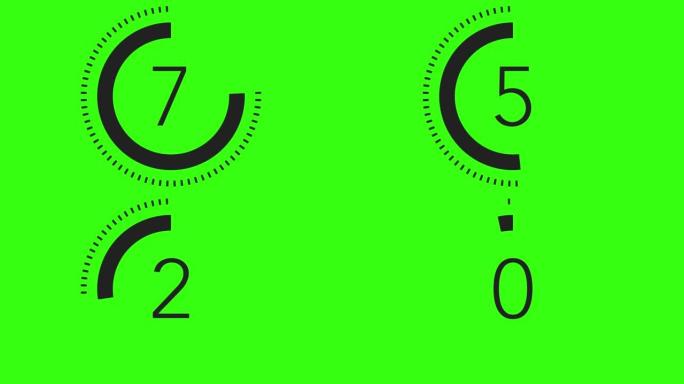 10秒虚线圆圈倒计时计时器。绿色屏幕上的黑色色度键。