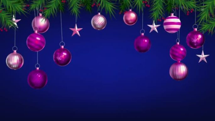 动画紫色球隔离在蓝屏上，用于设计圣诞节或新年模板。