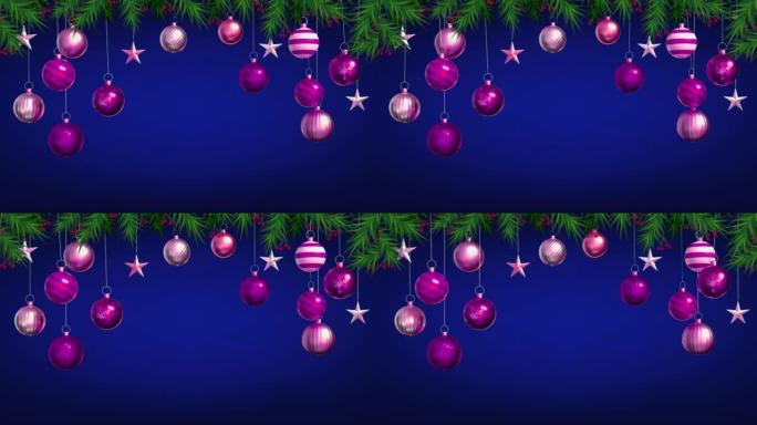 动画紫色球隔离在蓝屏上，用于设计圣诞节或新年模板。