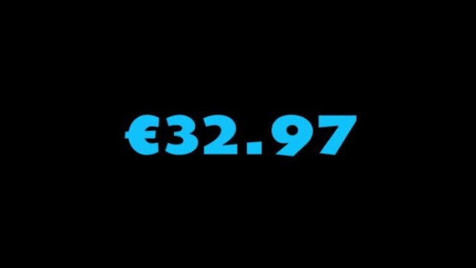 价格计数器动画-结帐运动图形股票视频-它到0美元100欧元-孤立的黑色和蓝色屏幕背景