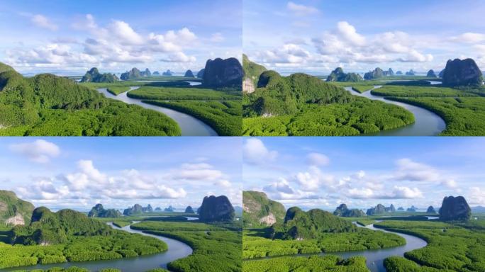 鸟瞰图无人机拍摄了令人惊叹的山脉红树林和海洋景观，山脉上有阴影云，位于泰国班奈尤普邦