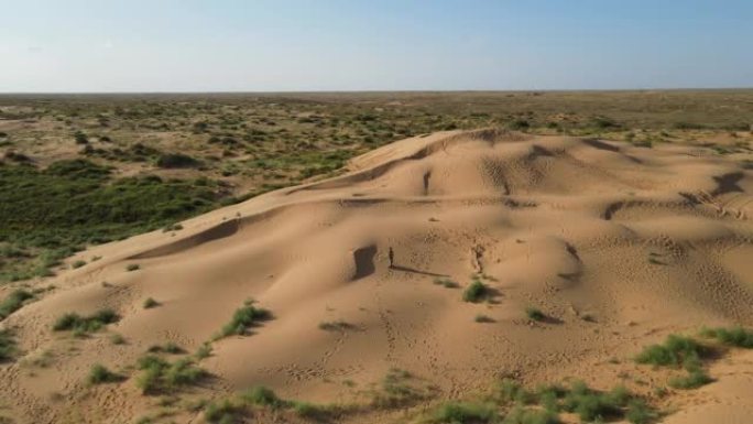 无人机的鸟瞰图。夏天，在阿斯特拉罕 (Astrakhan)，穿着长豹子连衣裙的女人沿着沙漠中的高沙丘