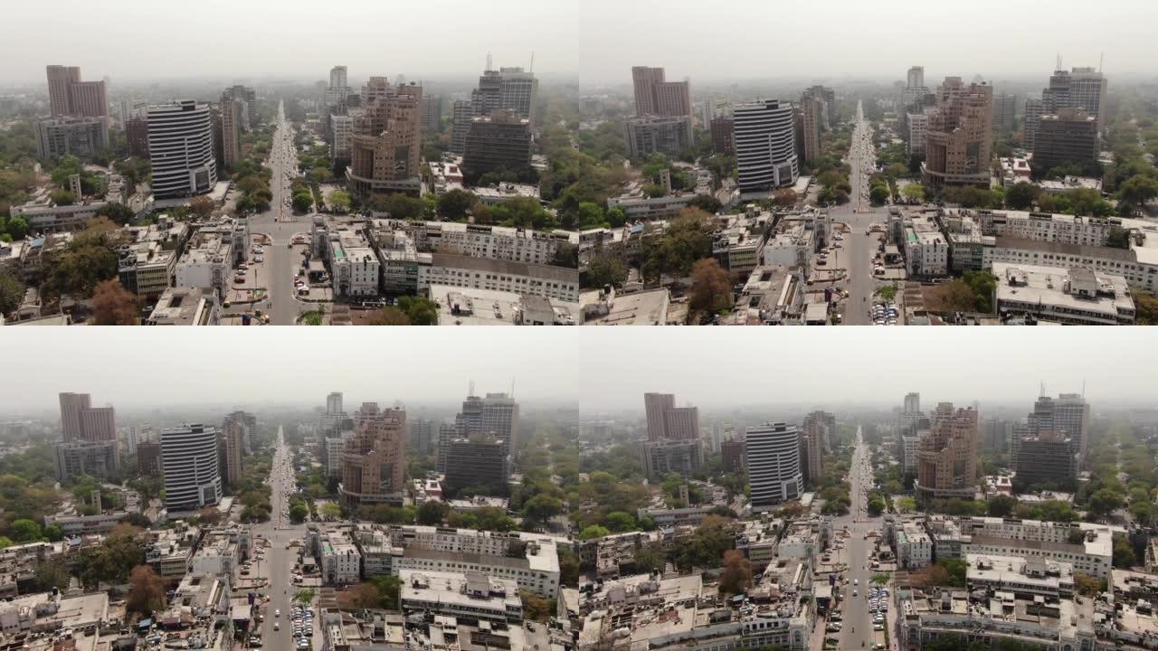 印度新德里首都CP康诺特广场的4k空中无人机拍摄