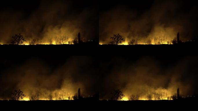 火焰燃烧着田野里的干草和稻草，形成了一团灰尘，污染了空气，这是全球变暖的原因