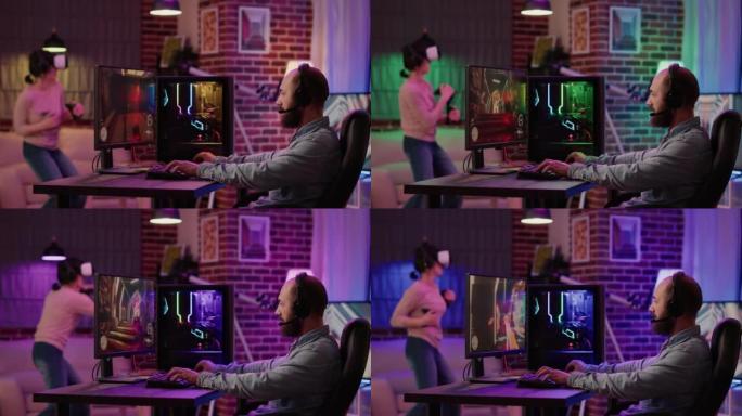 游戏女孩在虚拟现实中战斗时，玩家在电脑上玩多人第一人称射击游戏的静态三脚架镜头