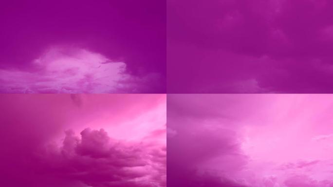 4k延时不寻常的天空背景。五颜六色的粉红色云。色调背景云景。充满云彩的洋红色天空。五颜六色的洋红色天