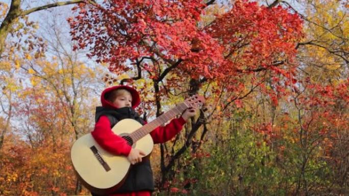 秋天公园里的男孩在红叶的背景下