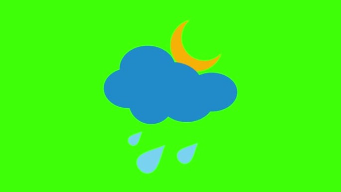 在4k的绿色屏幕上隔离的雨夜，云彩，水滴图标和新月的简单动画