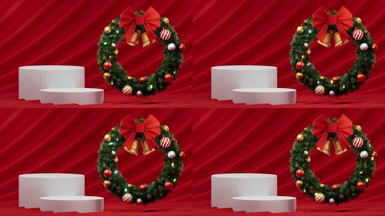 圣诞展示花环动画孤立在红色背景。3D渲染