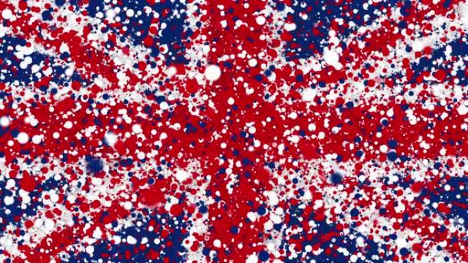 英国国旗的彩色动画，逐渐从由许多彩色小颗粒组成的移动漩涡云中出现。这些粒子旋转形成了英国国旗。