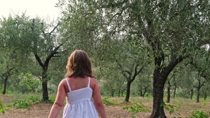 穿着简单棉质连衣裙的美丽高加索女孩在托斯卡纳农村地区的橄榄树中行走