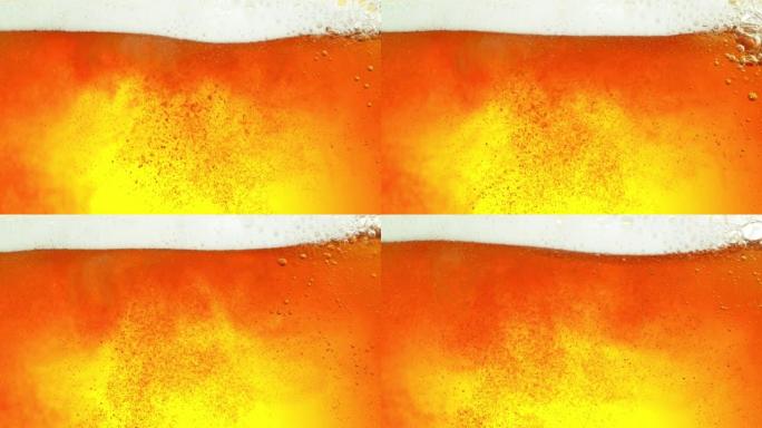 啤酒饮料冒泡的微距超慢动作，特写。