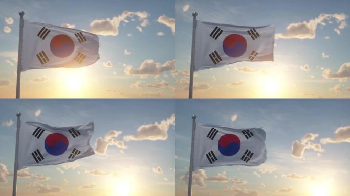 旗杆上的韩国国旗在风中飘扬。韩国的国旗