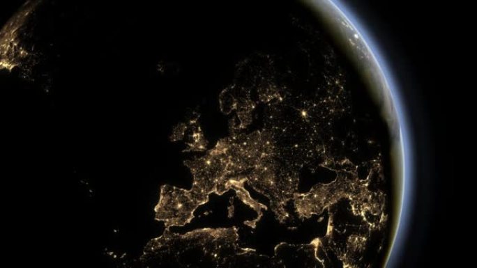 来自欧洲、乌克兰和俄罗斯太空的地球昼夜变化视图，移动云3D图形渲染可视化HDR