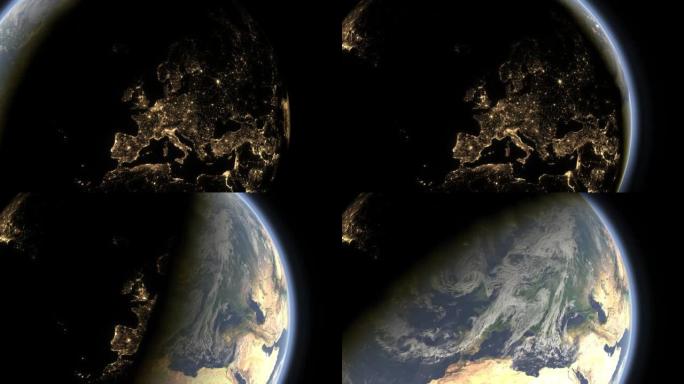 来自欧洲、乌克兰和俄罗斯太空的地球昼夜变化视图，移动云3D图形渲染可视化HDR