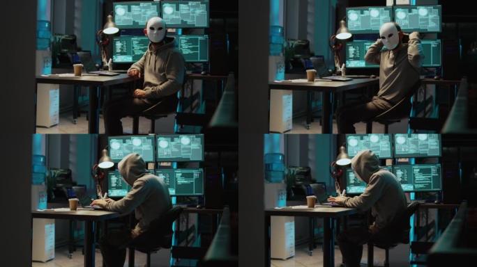 网络恐怖分子戴着面具黑客数据库服务器