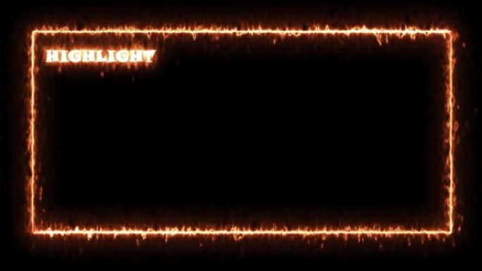 霓虹灯发光紫外线线的无缝抽象燃烧顶部有文字。用阿尔法通道在透明背景上循环矩形动画帧。边框设计是火橙艺