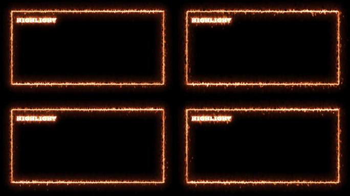霓虹灯发光紫外线线的无缝抽象燃烧顶部有文字。用阿尔法通道在透明背景上循环矩形动画帧。边框设计是火橙艺
