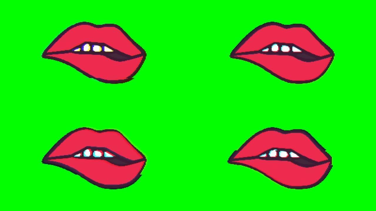 嘴或嘴唇与绿色背景上的故障效果