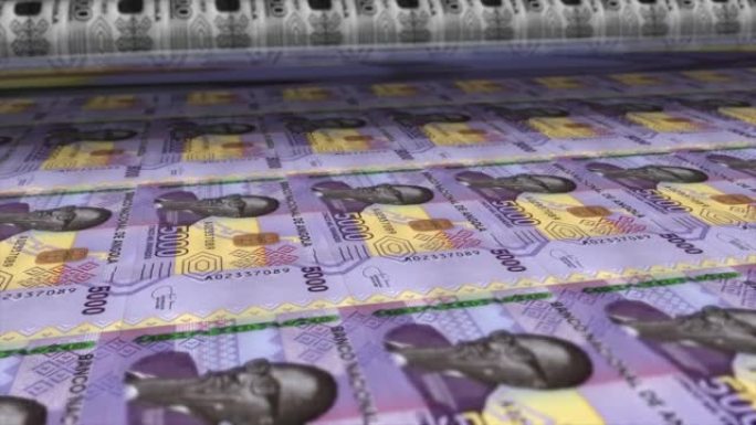 安哥拉，安哥拉宽扎印刷机打印出当前5000宽扎钞票，无缝循环，安哥拉货币背景，4K，聚焦深度Smoo