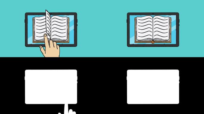 彩色卡通风格的电子书动画和平板电脑屏幕上的手动翻页。