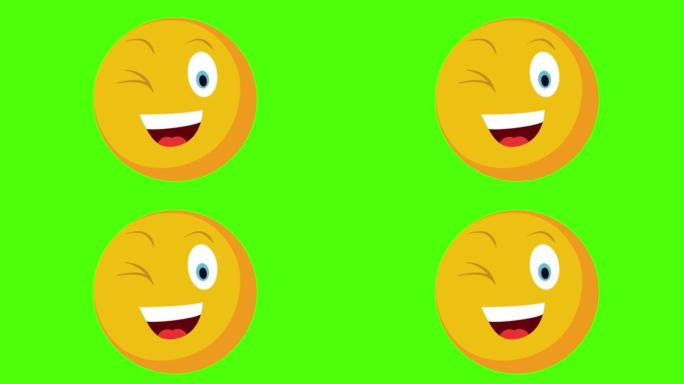 绿色背景上的黄色圆形脸微笑和眨眼的4K 3D动画