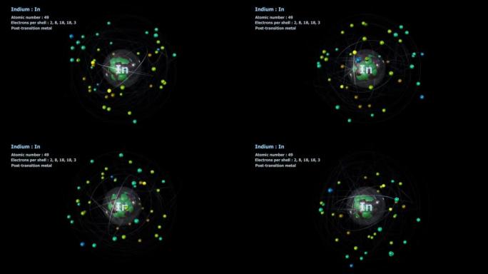 具有49个电子的铟原子在黑色上无限轨道旋转