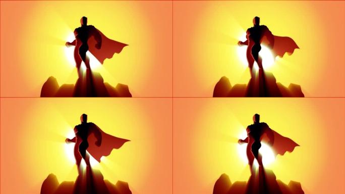 可循环的超级英雄剪影站在岩石上，有流动的斗篷和体积光动画股票视频