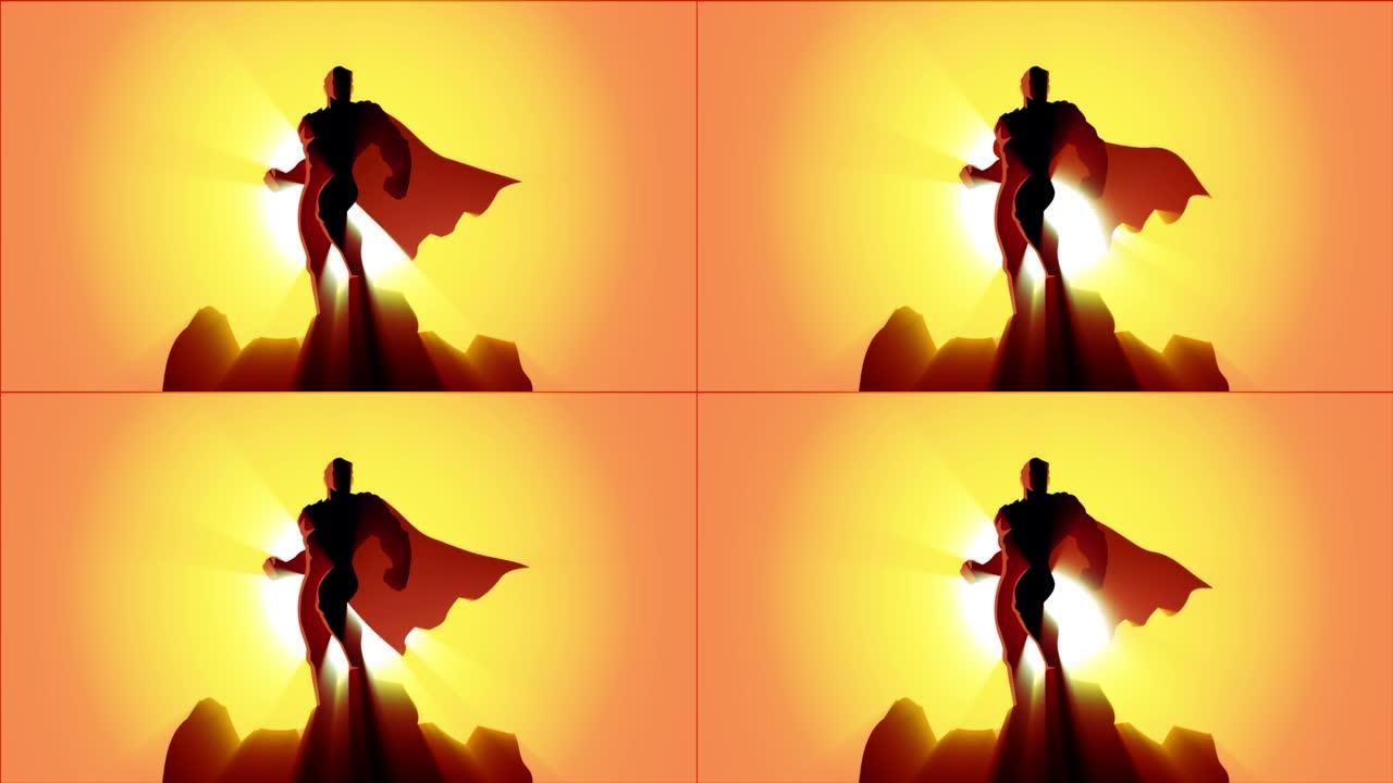 可循环的超级英雄剪影站在岩石上，有流动的斗篷和体积光动画股票视频