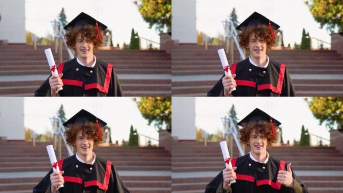 开朗的家伙穿着毕业服装，戴着牙套，展示他的文凭，对着镜头微笑