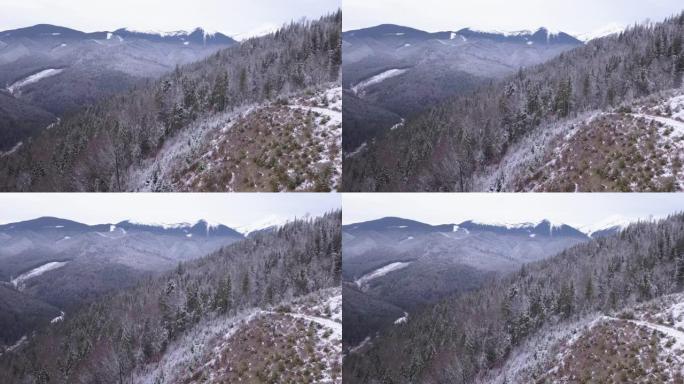 乌克兰喀尔巴阡山脉的第一场雪。爬到鸟瞰图