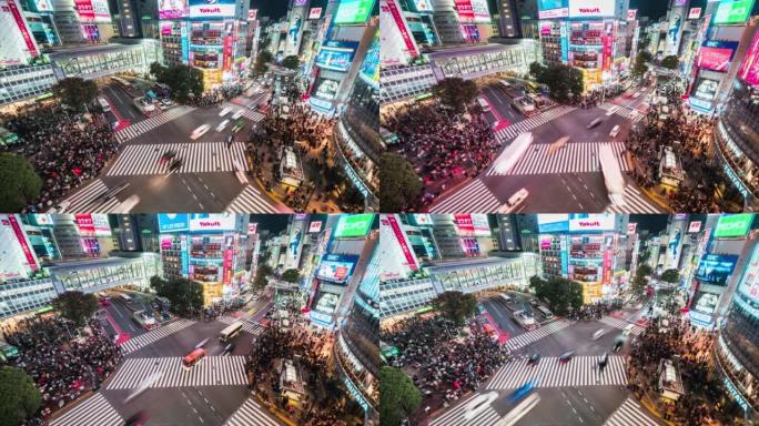 汽车交通运输的夜间时间流逝，拥挤的人们在涩谷争夺十字路口走过马路。东京旅游景点地标、日本旅游、亚洲交