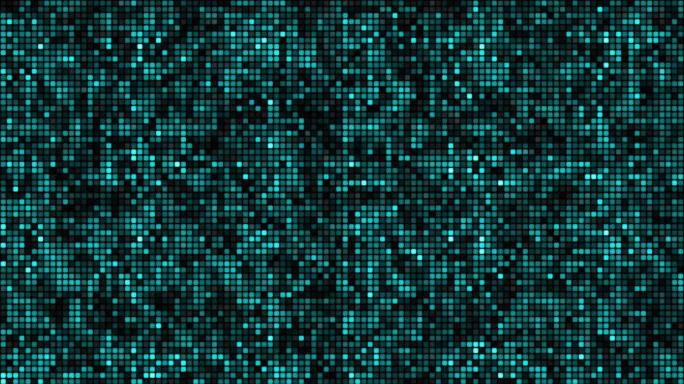 黑色背景循环上的青色浮动网络方块。慢速混沌像素拼接无缝动画。