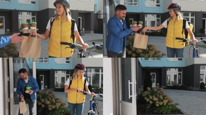 快乐女人骑着自行车，用纸袋将咖啡和食物运送到顾客家中。送餐概念。
