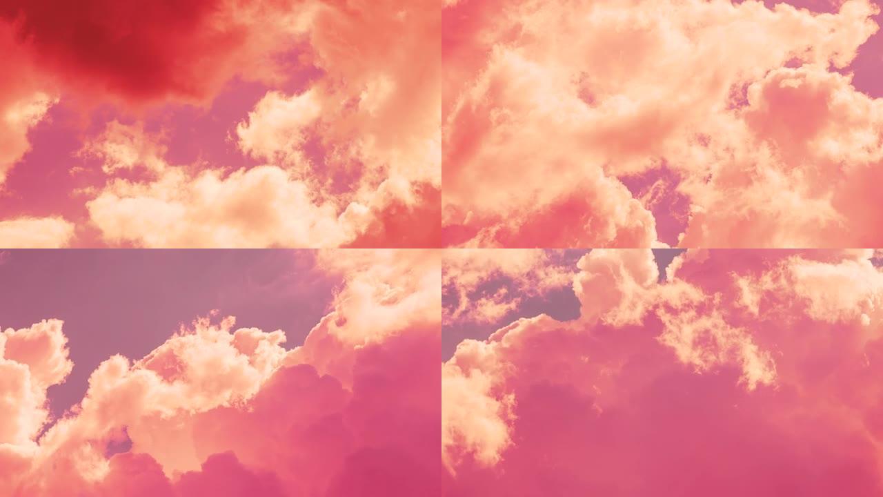 饱和橙黄色的云。不寻常的天空背景。丰富的颜色粉色。4k延时调粉黄云。色调积云在天空中漂浮。天空日落日
