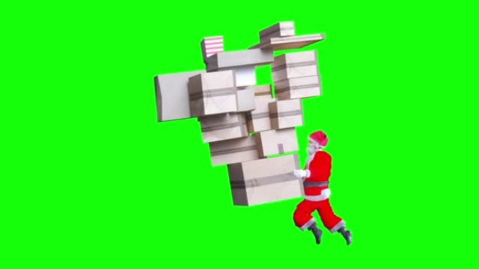圣诞老人正在奔跑，急于携带带有圣诞节礼物的邮包循环在绿色背景上渲染3d